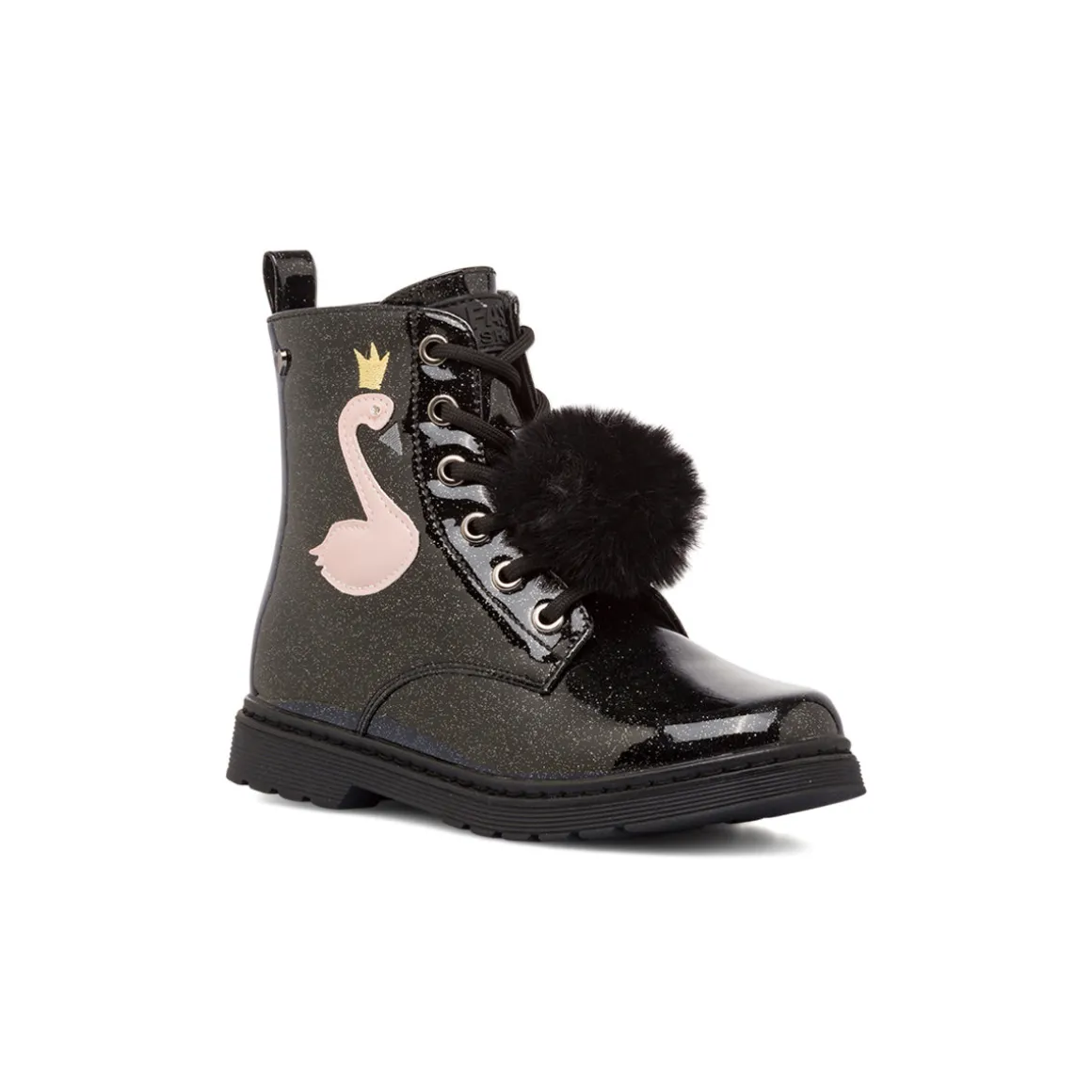 Anfibi da ragazza Le scarpe di Alice nero con glitter e dettaglio fenicottero