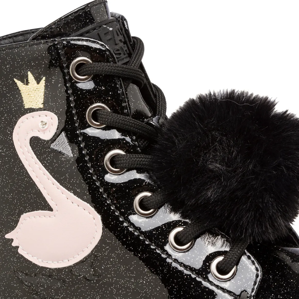 Anfibi da ragazza Le scarpe di Alice nero con glitter e dettaglio fenicottero