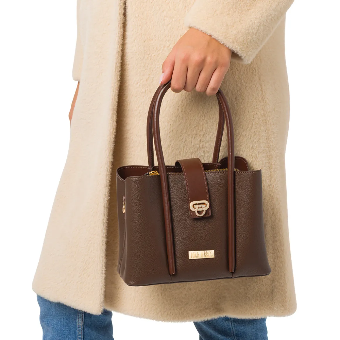 Borsa a Mano da Donna Marrone con Dettagli Oro Lora Ferres