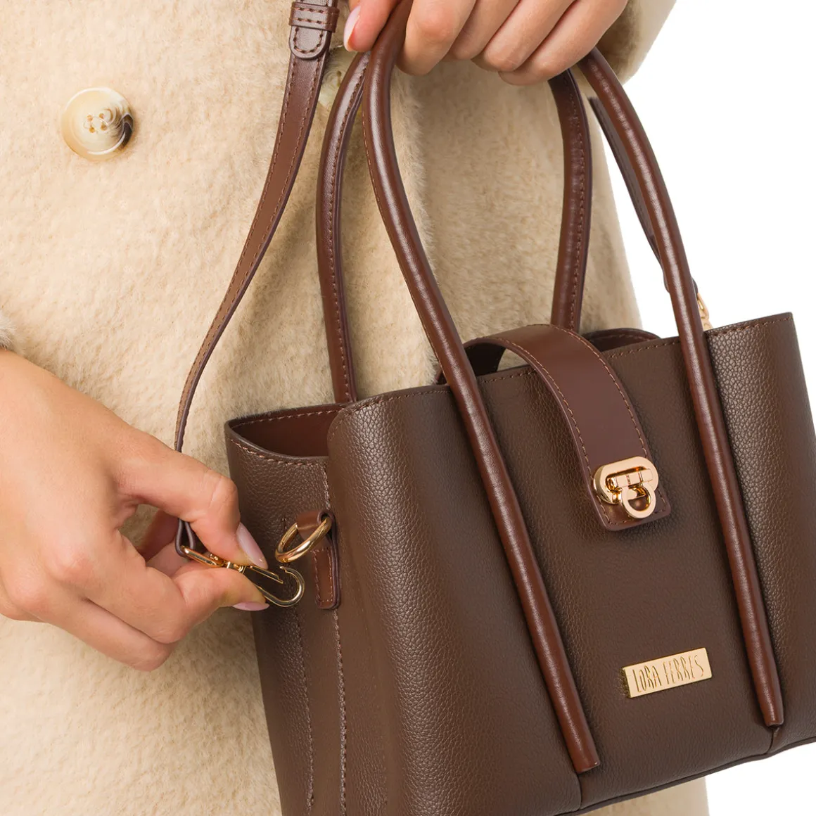 Borsa a Mano da Donna Marrone con Dettagli Oro Lora Ferres