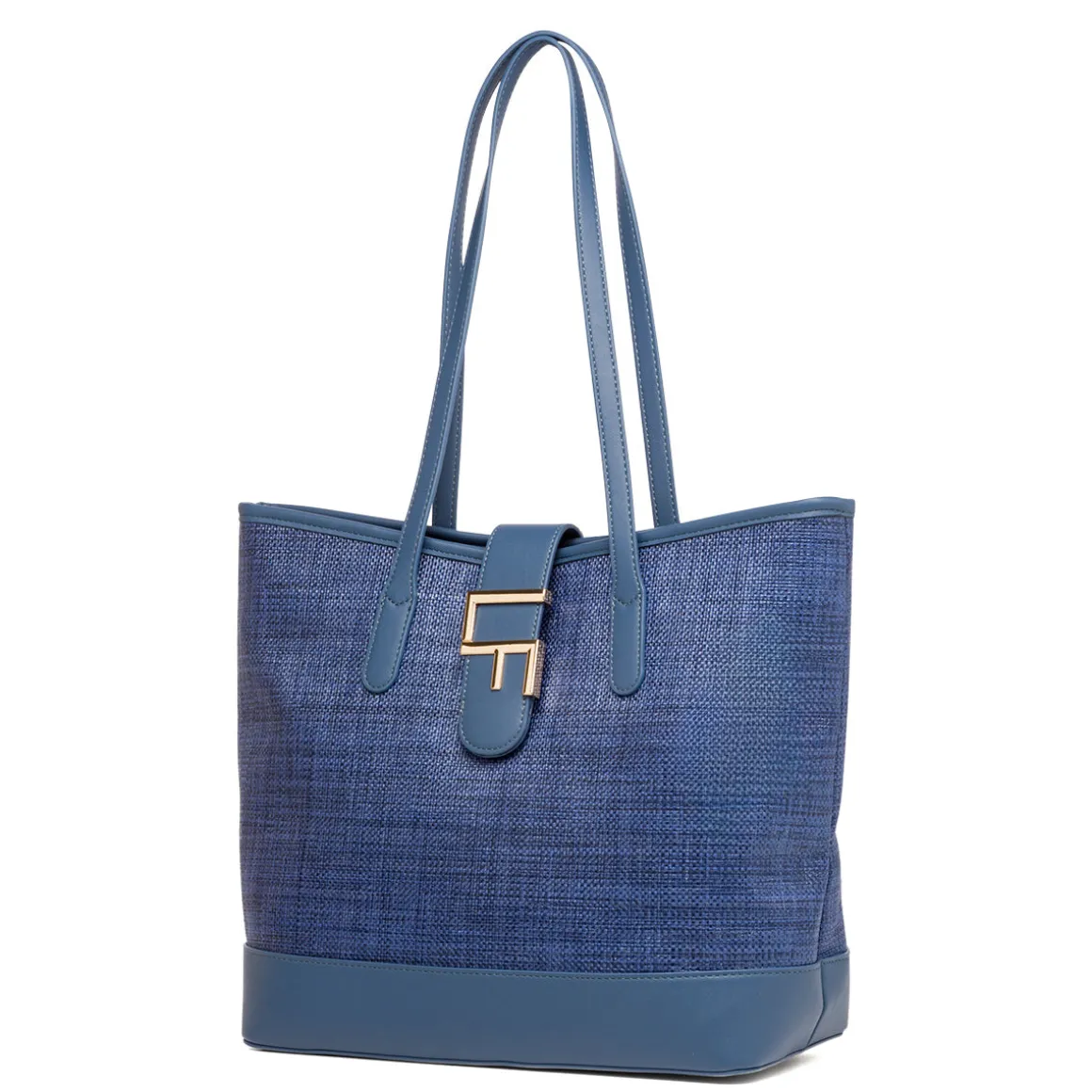 Borsa a spalla Blu da Donna effetto rafia e con logo in metallo Lora Ferres