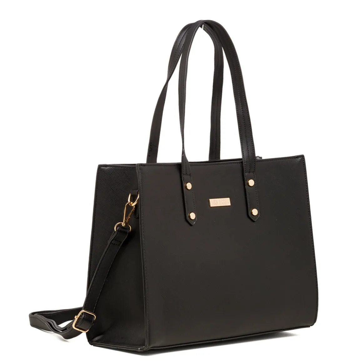 Borsa a spalla da donna nera con logo in metallo Lora Ferres