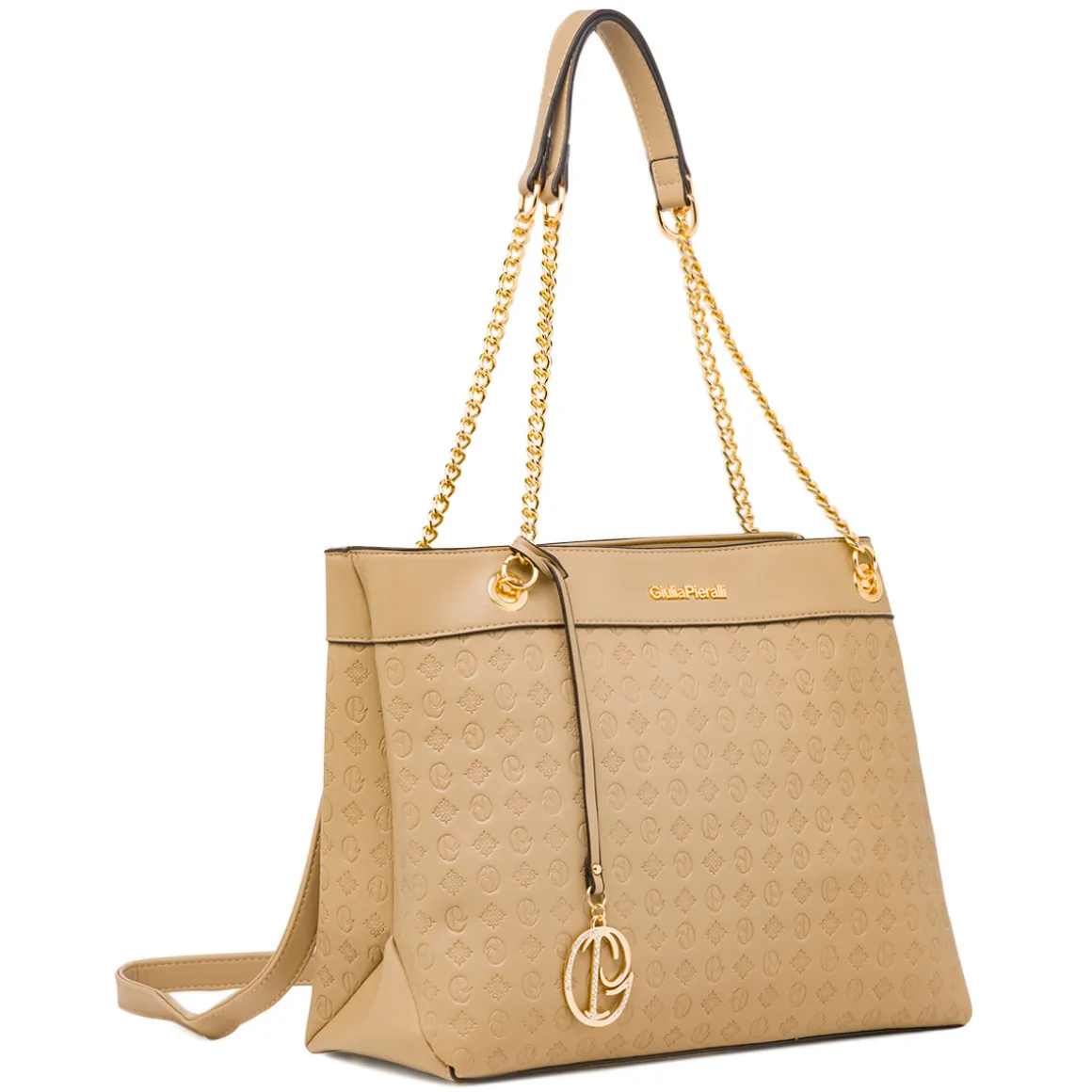 Borsa a spalla da donnaBeige Giulia Pieralli con dettagli catena oro
