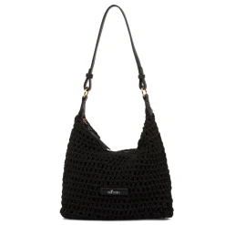 Borsa a spalla nera da Donna in tessuto intrecciato effetto crochet e logo Lora Ferres