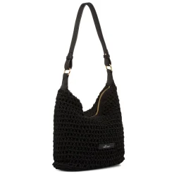 Borsa a spalla nera da Donna in tessuto intrecciato effetto crochet e logo Lora Ferres