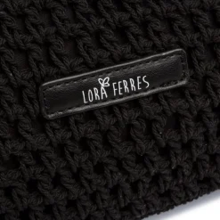 Borsa a spalla nera da Donna in tessuto intrecciato effetto crochet e logo Lora Ferres