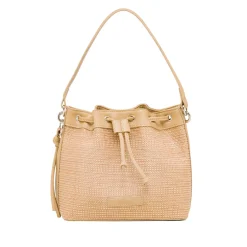 Borsa a tracolla Beige da Donna effetto rafia con coulisse e logo ricamato Lora Ferres