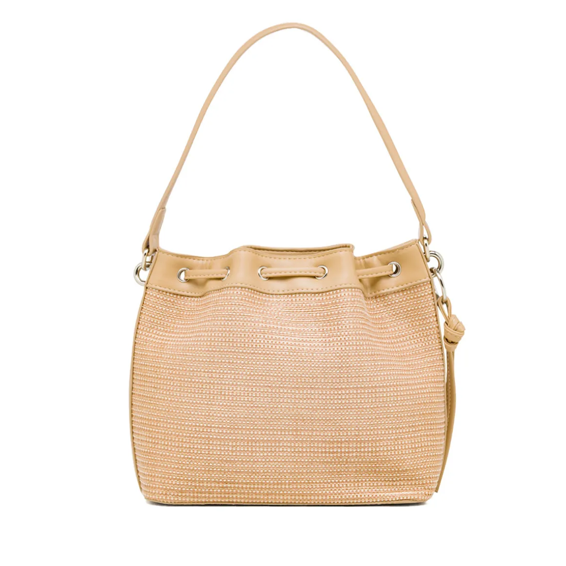 Borsa a tracolla Beige da Donna effetto rafia con coulisse e logo ricamato Lora Ferres