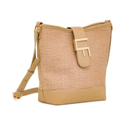 Borsa a tracolla beige da Donna effetto rafia con logo Lora Ferres