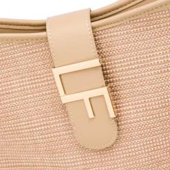 Borsa a tracolla beige da Donna effetto rafia con logo Lora Ferres