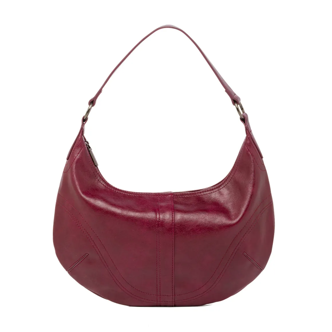 Borsa hobo bordeaux da donna con cuciture decorative e logo Lora Ferres