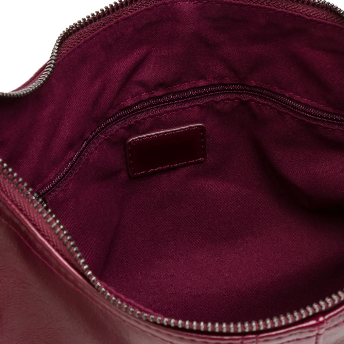 Borsa hobo bordeaux da donna con cuciture decorative e logo Lora Ferres