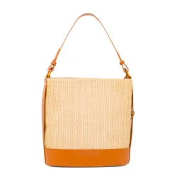 Borsa in Rafia forma a Secchiello da Donna Beige Lumberjack