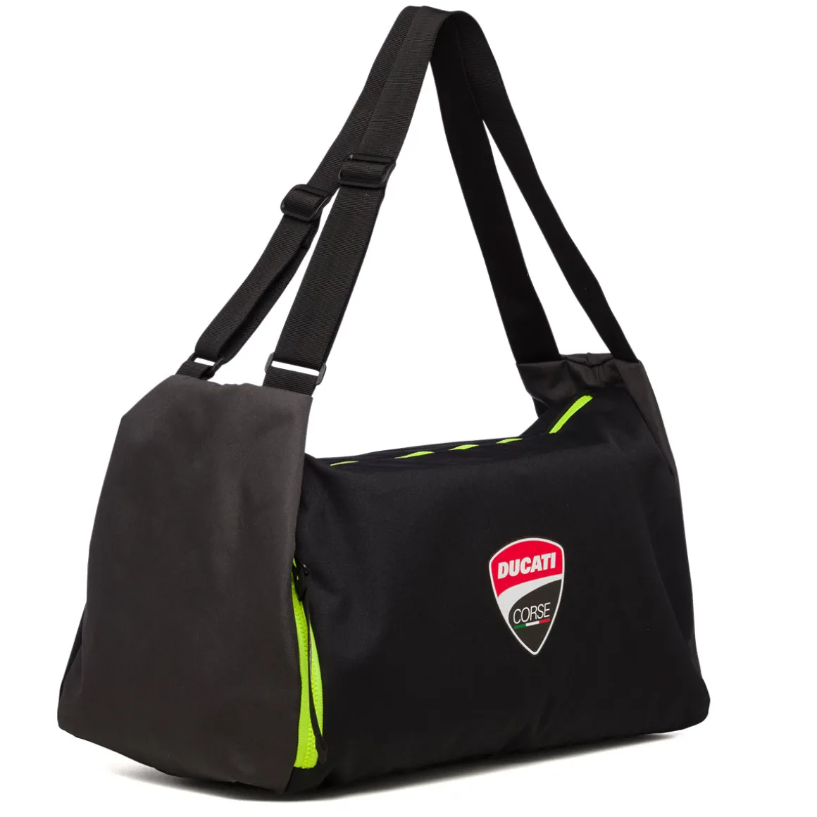 Borsone da palestra nero con dettagli fluo e badge Ducati Corse