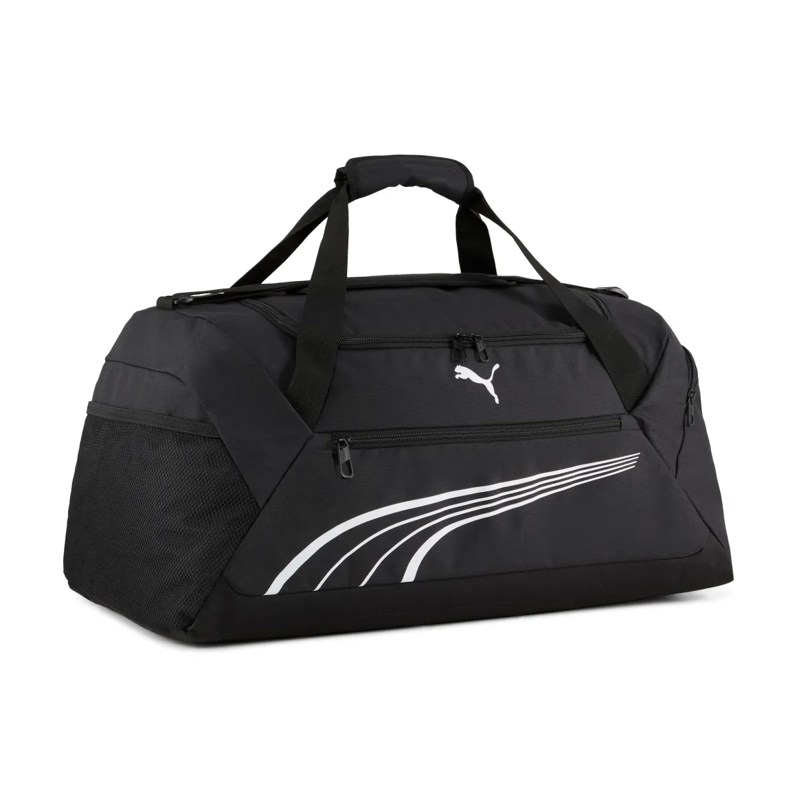 Borsone sportivo nero con tasche e tracolla con logo Puma Phase