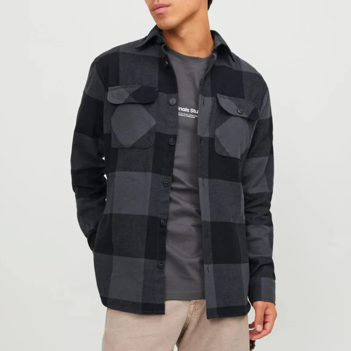 Camicia da uomo nera e grigia con bottoni Jack & Jones