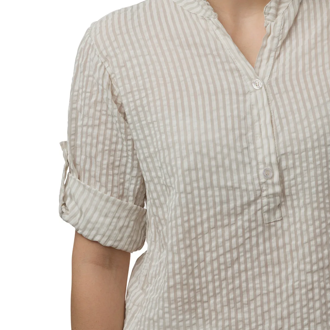 Camicia in cotone stropicciato a Righe Bianche e Beige da Donna Swish Jeans