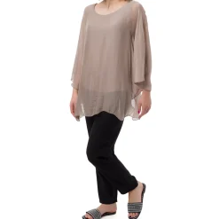 Camicia Taupe a Maniche Corte da Donna Semi Trasparente con Fodera Swish Jeans