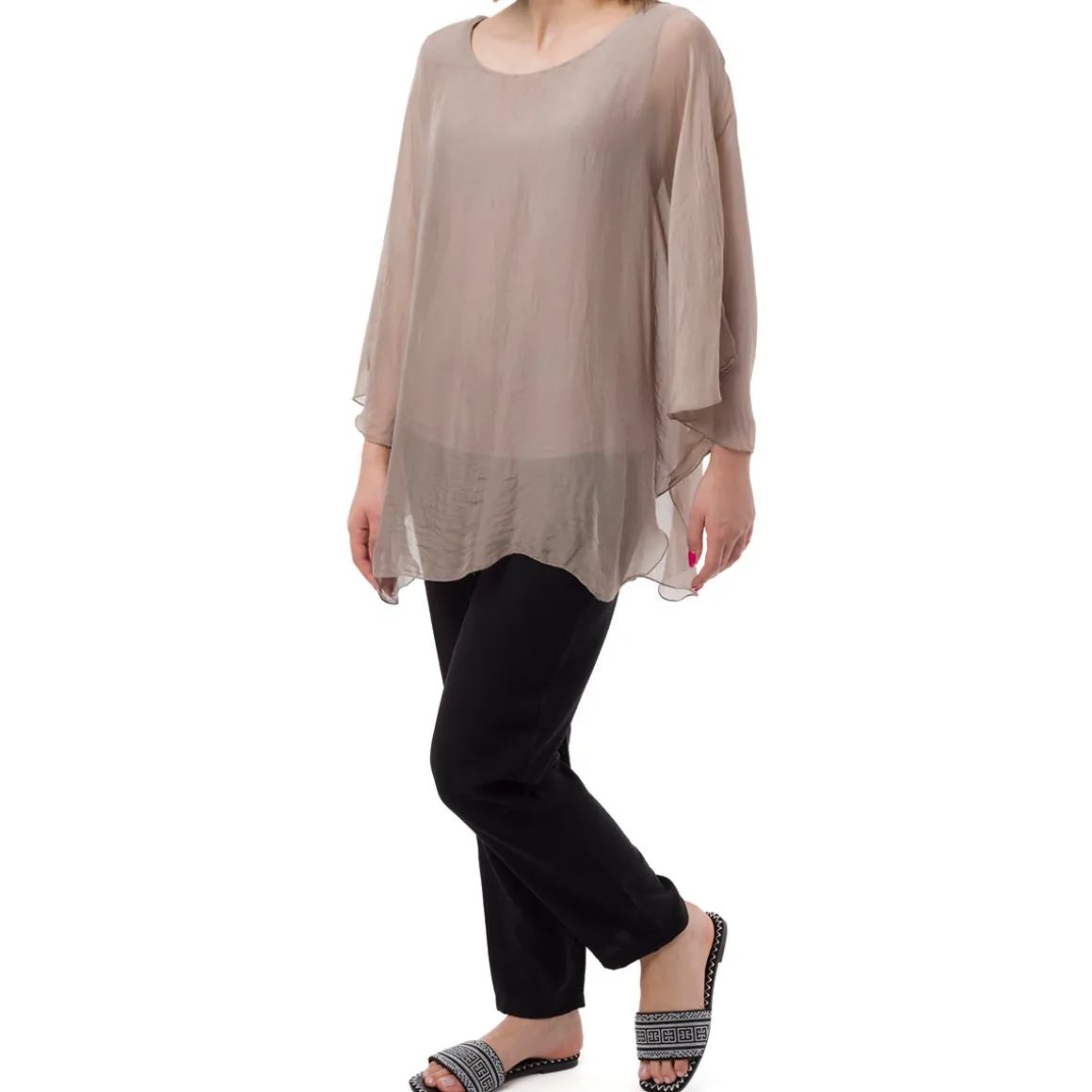 Camicia Taupe a Maniche Corte da Donna Semi Trasparente con Fodera Swish Jeans