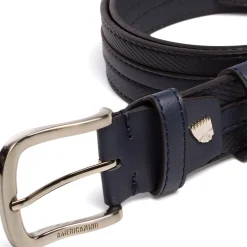 Cintura da Uomo Blu con Cuciture Decorative e Fibbia in Metallo Americanino