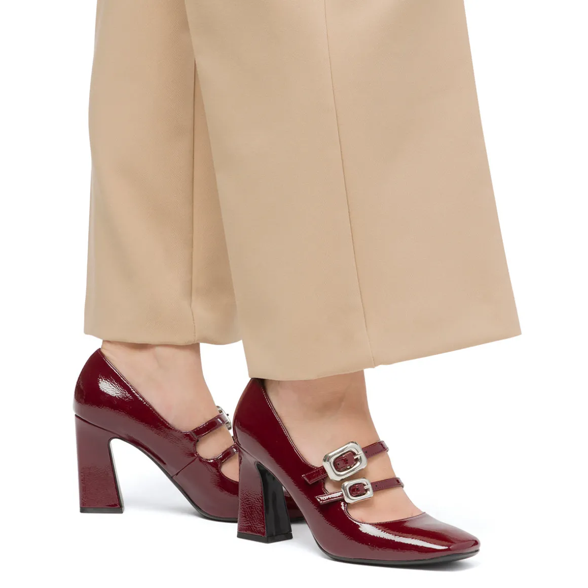 Décolleté Mary Jane da donna bordeaux burgundy effetto vernice con tacco 8 cm Swish Jeans