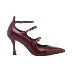 Décolleté Mary Jane da donna rosso bordeaux burgundy con tacco 8,5 cm e tre cinturini con fibbia Lora Ferres