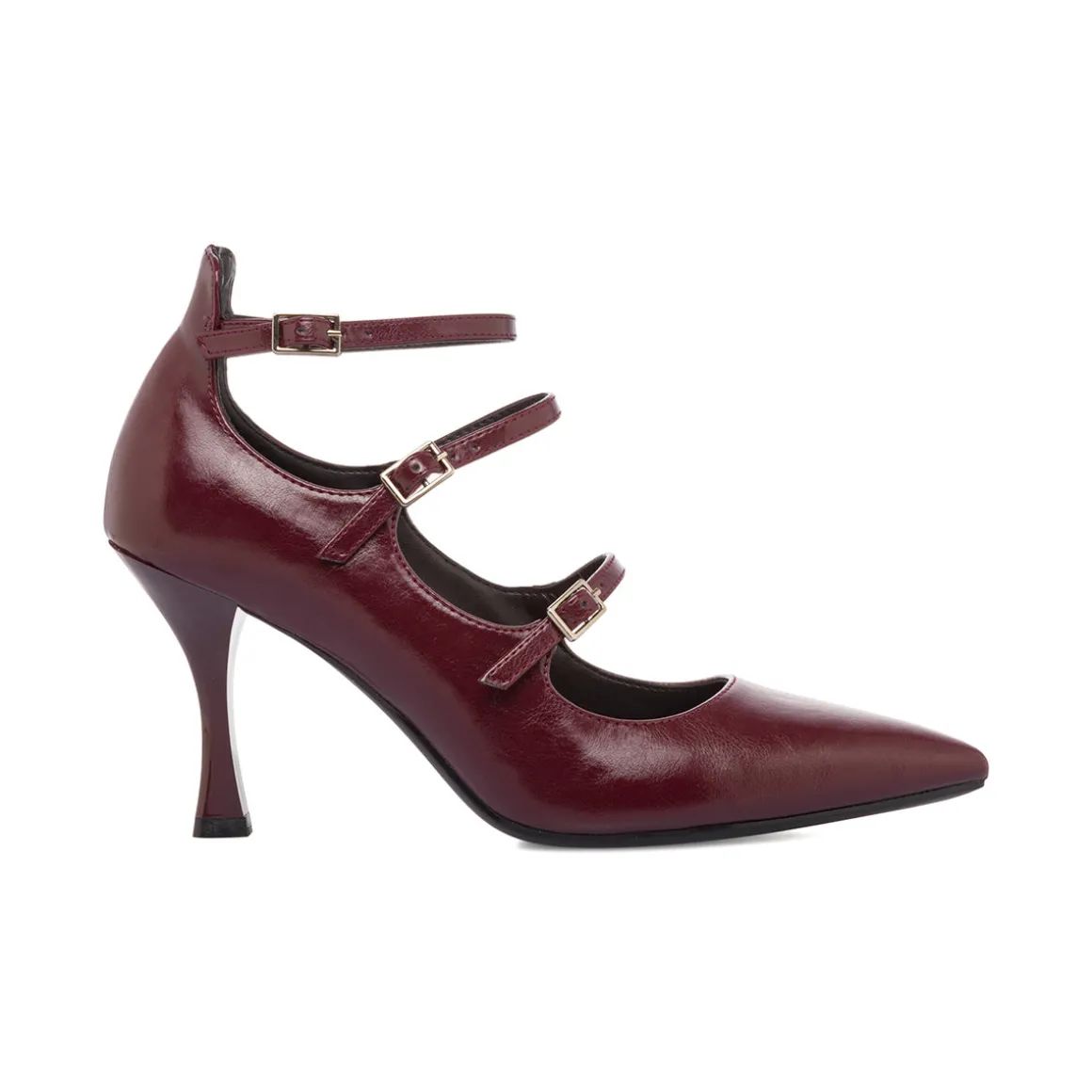 Décolleté Mary Jane da donna rosso bordeaux burgundy con tacco 8,5 cm e tre cinturini con fibbia Lora Ferres