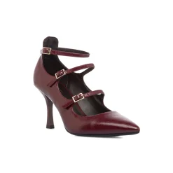 Décolleté Mary Jane da donna rosso bordeaux burgundy con tacco 8,5 cm e tre cinturini con fibbia Lora Ferres
