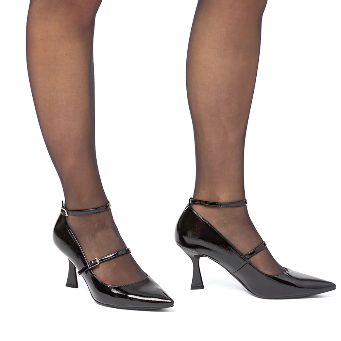 Décolleté Mary Jane nere effetto vernice da donna Lora Ferres con cinturini e tacco rocchetto 7 cm
