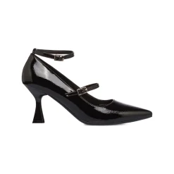 Décolleté Mary Jane nere effetto vernice da donna Lora Ferres con cinturini e tacco rocchetto 7 cm