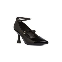 Décolleté Mary Jane nere effetto vernice da donna Lora Ferres con cinturini e tacco rocchetto 7 cm