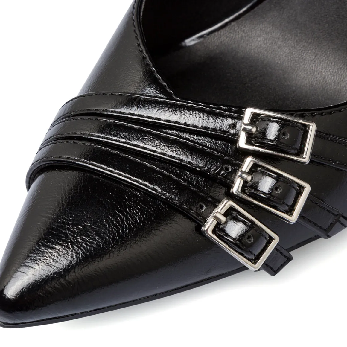 Décolleté nere da donna Lora Ferres lucide con fibbie e tacco stiletto 9 cm
