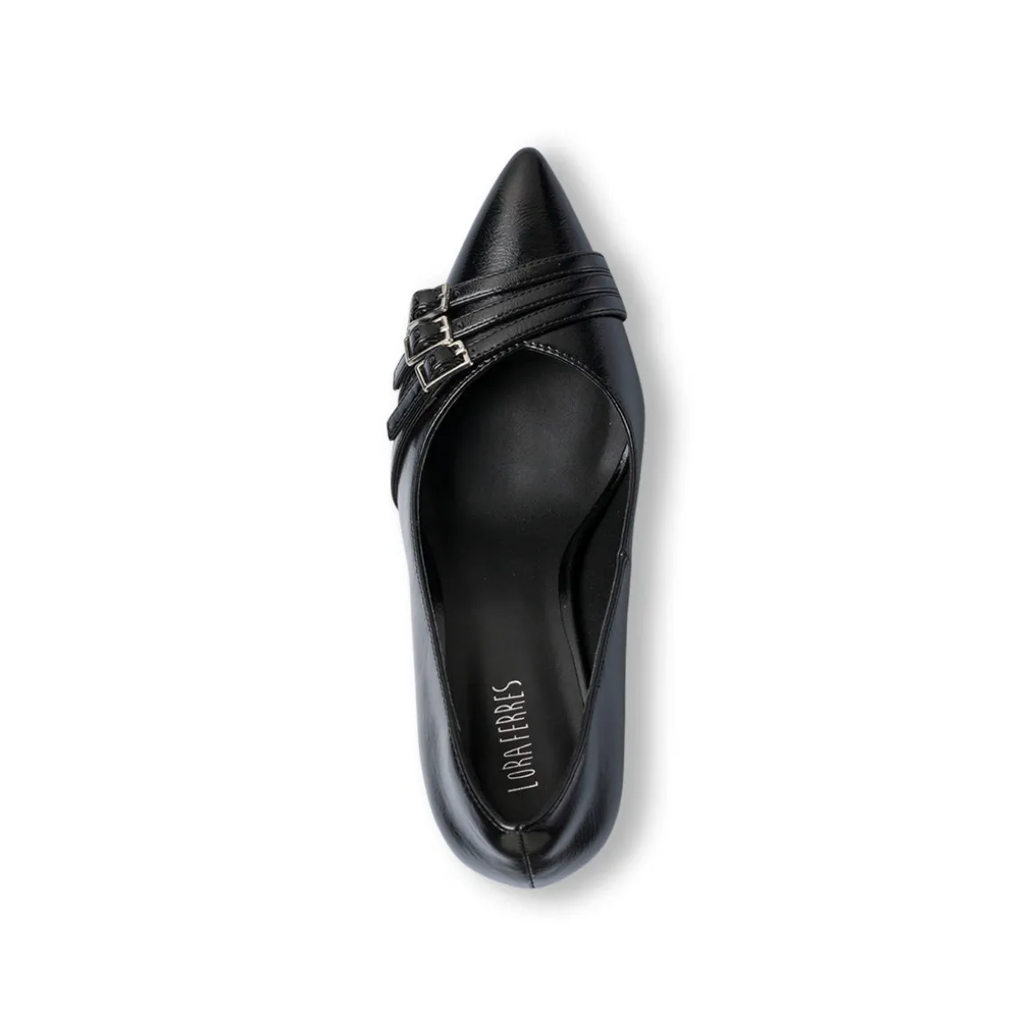 Décolleté nere da donna Lora Ferres lucide con fibbie e tacco stiletto 9 cm