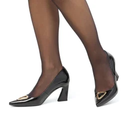Décolleté nere in vernice da donna con fibbia dorata e tacco campana 7,5 cm Lora Ferres