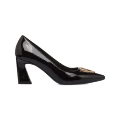Décolleté nere in vernice da donna con fibbia dorata e tacco campana 7,5 cm Lora Ferres