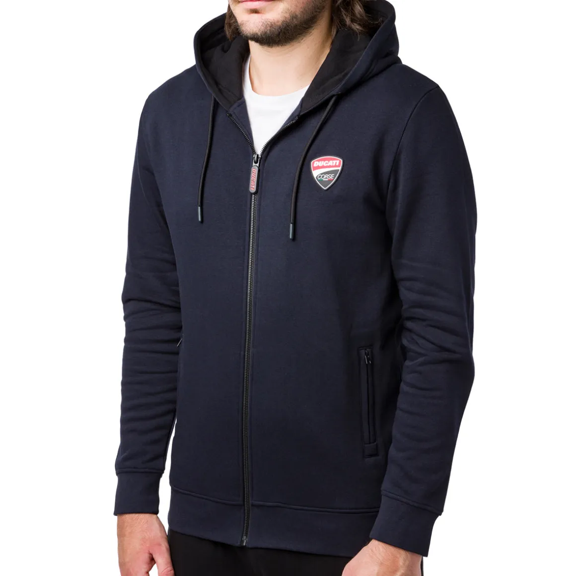 Felpa con cappuccio da uomo blu con zip e logo Ducati