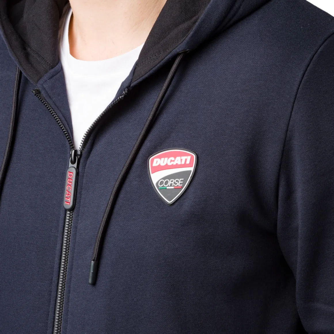 Felpa con cappuccio da uomo blu con zip e logo Ducati