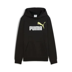 Felpa con cappuccio da uomo nera con maxi logo giallo Puma