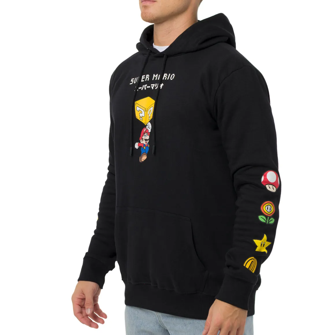 Felpa nera da Uomo con stampa fronte e retro Super Mario