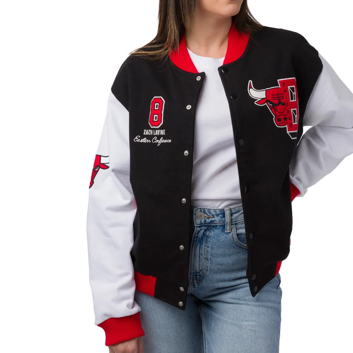 Giacca Bomber da Donna nera rossa e bianca con loghi ricamati Chicago Bulls NBA