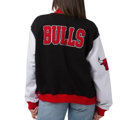 Giacca Bomber da Donna nera rossa e bianca con loghi ricamati Chicago Bulls NBA