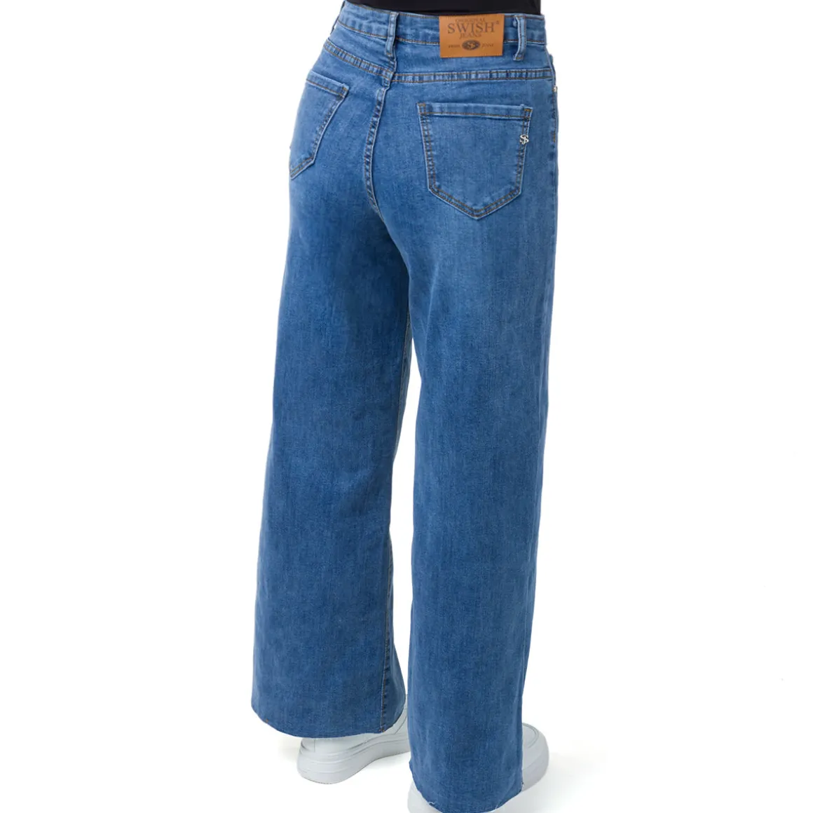 Pantaloni Jeans a palazzo elasticizzati a vita alta con logo nella tasca Swish Jeans