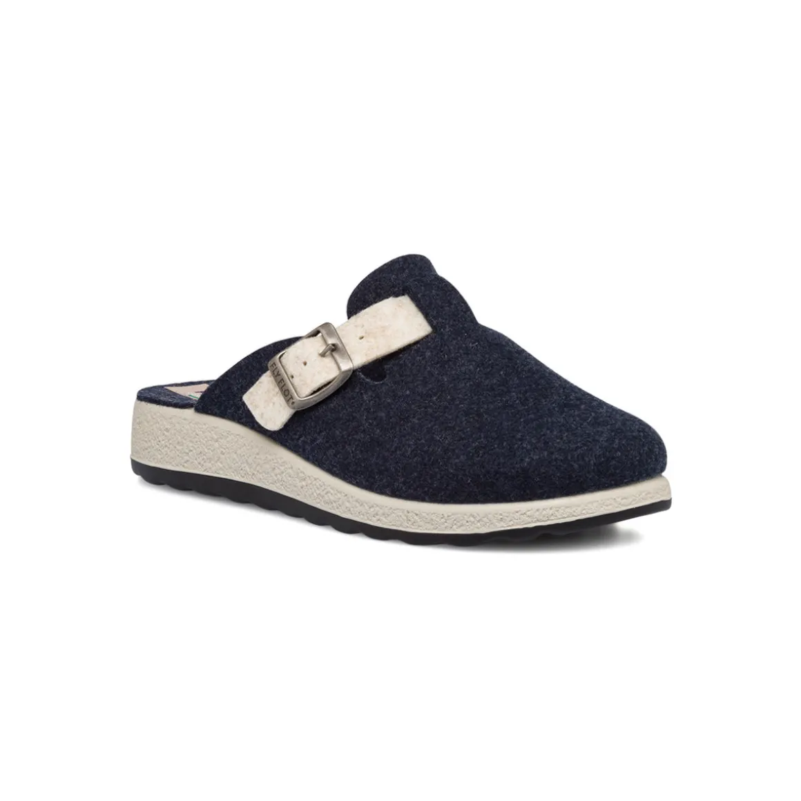 Pantofole blu da donna con cinturino bianco e fibbia Fly Flot