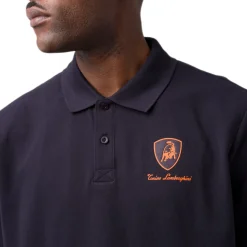 Polo da uomo blu scuro con dettagli arancione e logo Tonino Lamborghini