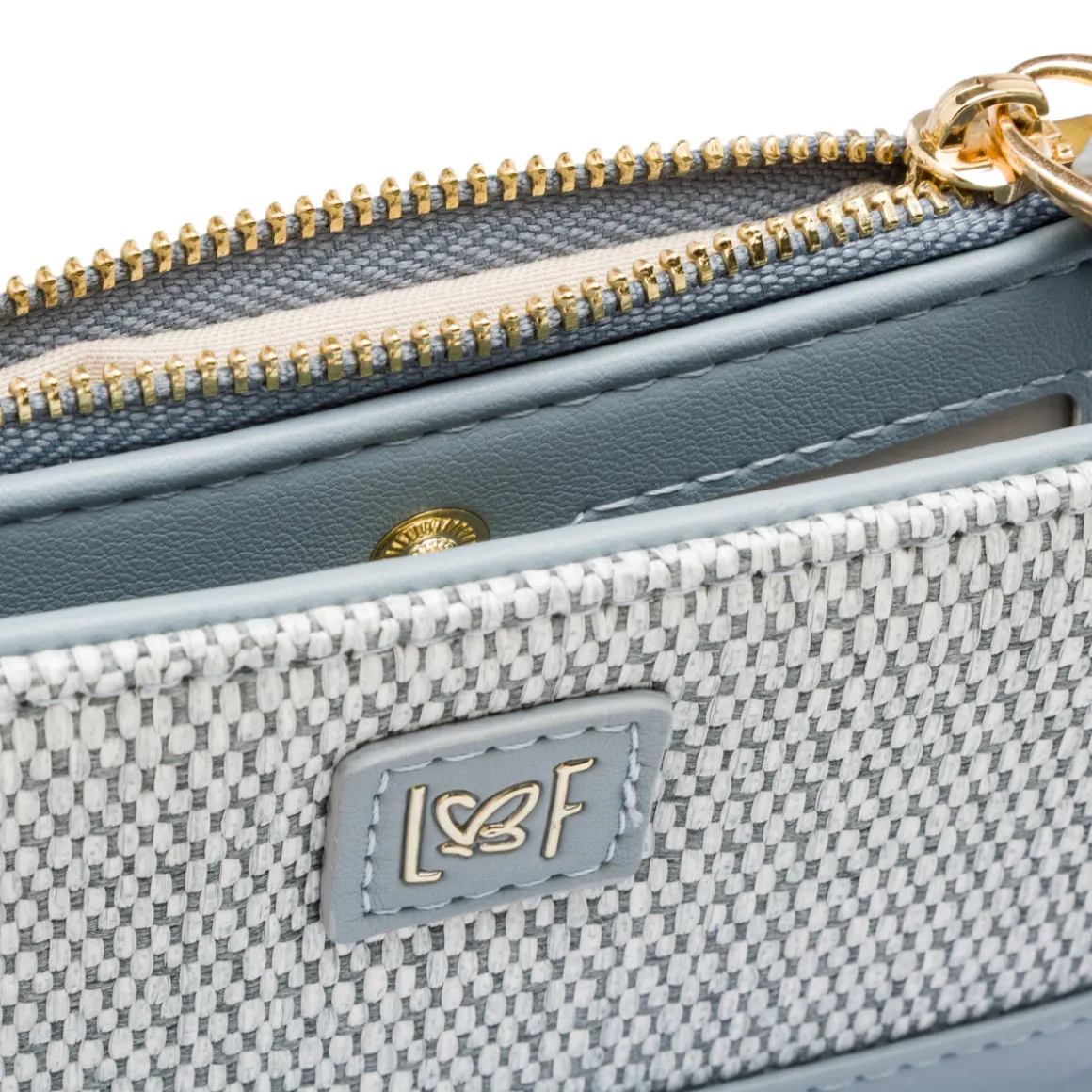 Portafoglio azzurro da Donna con dettagli effetto paglia e logo Lora Ferres