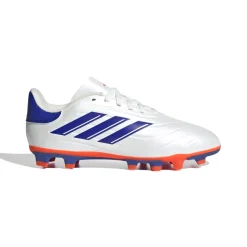 Scarpe da calcio da ragazzo bianche con dettagli blu e arancioni adidas Copa Pure 2 Club FXG