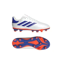 Scarpe da calcio da ragazzo bianche con dettagli blu e arancioni adidas Copa Pure 2 Club FXG