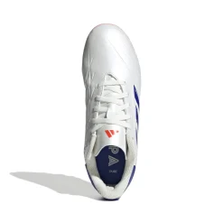 Scarpe da calcio da ragazzo bianche con dettagli blu e arancioni adidas Copa Pure 2 Club FXG