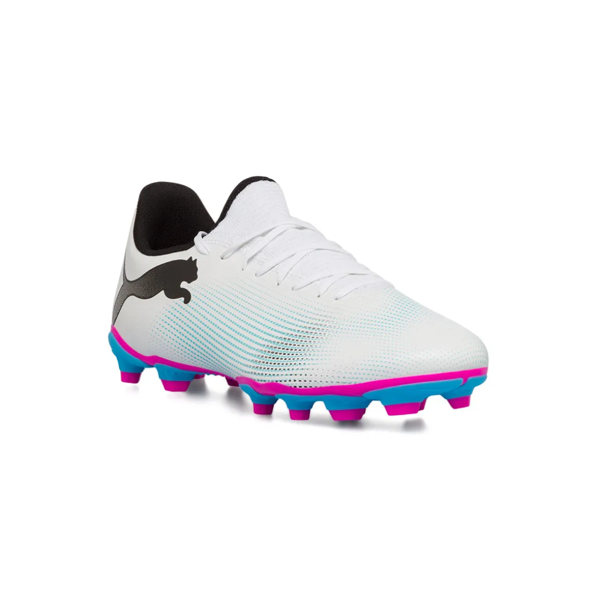 Scarpe da calcio per terreni duri bianche con dettagli fucsia e azzurri Puma Future 7 Play FG/AG