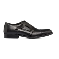Scarpe monk-strap nere eleganti in pelle con chiusura a doppia fibbia da uomo Primopiano